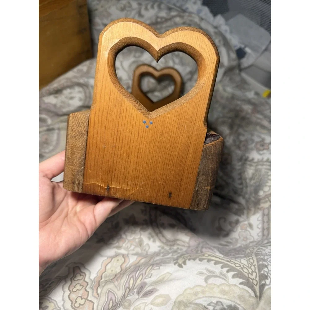 Vintage Wooden Caddy Storage Tray Hand Painted Carved Hearts Country Decor